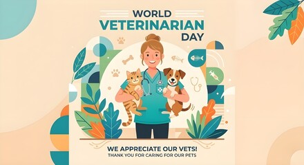Fototapeta premium World Veterinary Day Illustration with Female Veterinarian Hugging Cute Cat and Dog, Professional Pet Care and Animal Health Concept