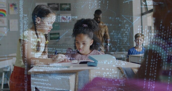 Reading schoolgirl focusing on open book in classroom, with rainbow artwork and code overlay