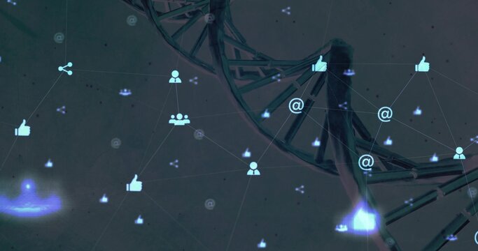 Hovering dark silhouette interacting with DNA double helix in virtual network, with social icons