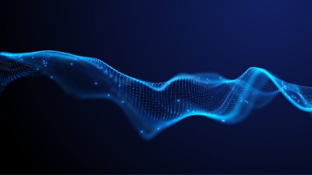 Futuristic blue wave formed by glowing particles grid and smooth flowing lines on dark background, represent big data visualization, artificial intelligence, data processing digital technology concept