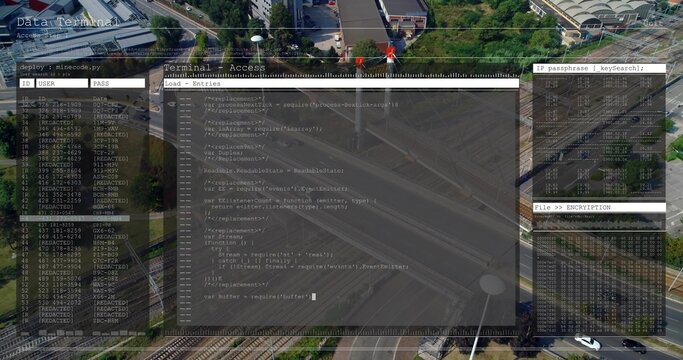 Displaying central code window hovering over aerial highway junction, showing ID USER PASS panels