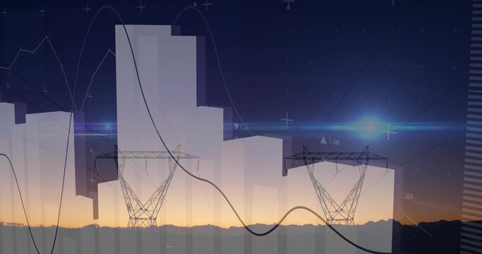 Standing two lattice high-voltage towers anchoring dusk skyline, with faint bars and line graph