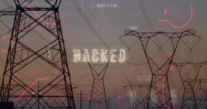 Cyber breach infecting power towers, overlaying magenta circuits and binary, showing HACKED label