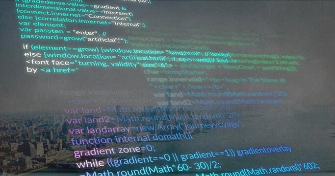 Projecting colorful programming code across textured wall and glass window, overlaying city skyline