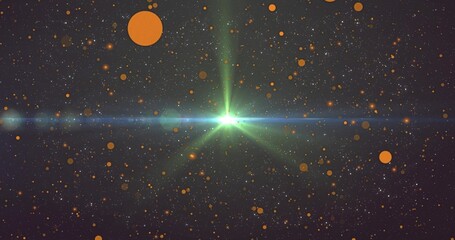 Fototapeta premium Glowing green starburst sending radial spikes in space, with blue-green flare, orange discs