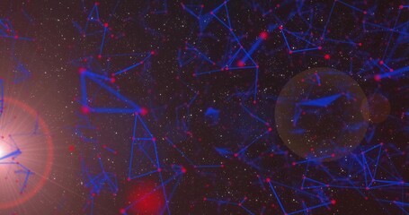 Fototapeta premium Connecting blue constellation lines and red nodes spanning center of space scene, with lens flare