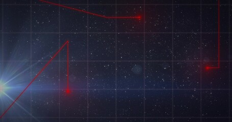 Fototapeta premium Displaying central starfield and grid in outer-space HUD with red lines, glowing nodes, left flare