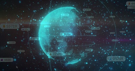 Fototapeta premium Rotating holographic globe showing cyan point cloud and orbital rings in dark space, with badges