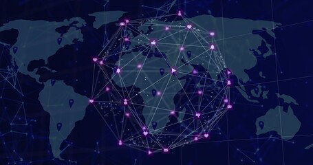 Naklejka premium Displaying translucent spherical network over global map, showing purple nodes, icons and blue pins