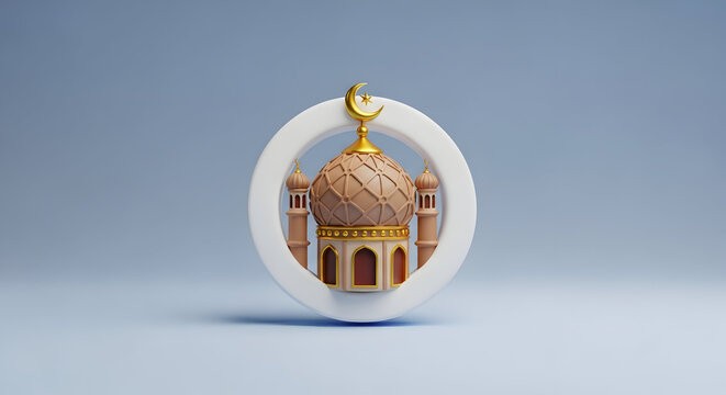 A stylized 3d rendered mosque with a golden crescent moon atop a circular platform high quality