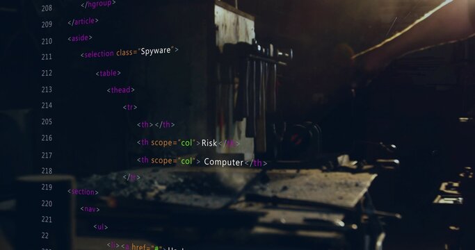 Displaying worn workbench holding parts at dim garage, with tools, lamp, code overlay