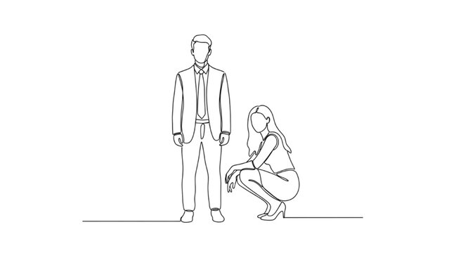 Continuous line drawing of a man standing and a woman crouching
