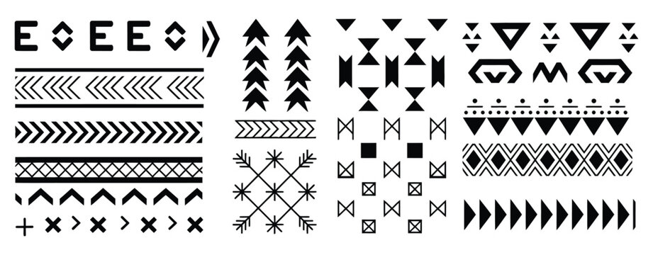 Hawaiian tribal border dividers geometric line set, traditional Polynesian inspired ornamental vector patterns for decorative frames, textile design, branding, posters, and cultural graphic 