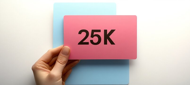 Creative Stock Image of Hands Holding Pink Paper with Promotional Text for 25k Concept in Studio