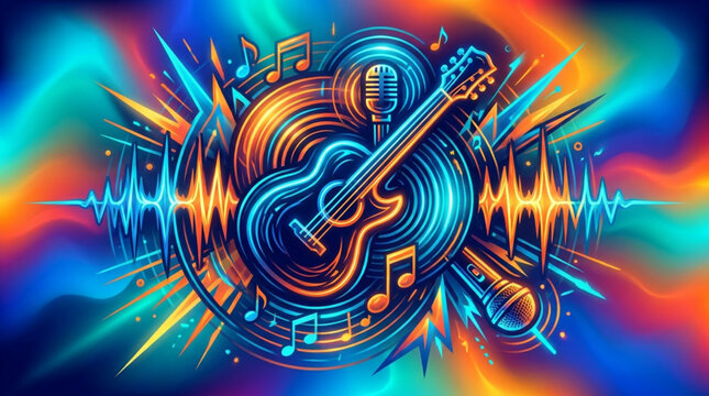 Vibrant Neon Guitar with Musical Elements and Sound Waves.