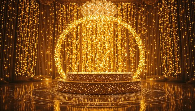 Radiant Golden Stage with Circular Arch and Tiered Display for Prestigious Celebrations and Award Ceremonies