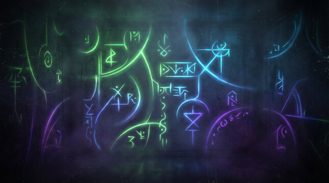Mystical Symbols Glowing in Neon Light.