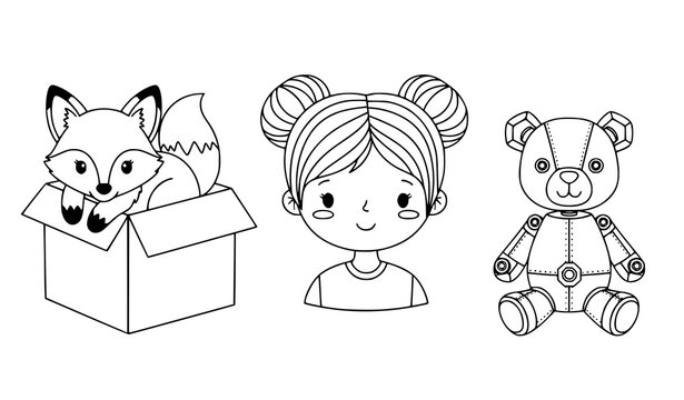 Black white character set fox girl robot bear teddy box illustration