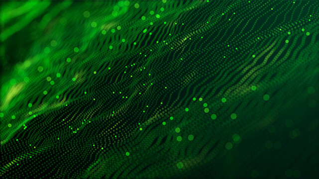 Futuristic green wave vector background with glowing particles and grid. Big data visualization, AI concept, data processing. Perfect for cybersecurity, blockchain tech presentation. Neon digital flow