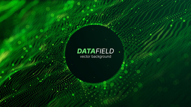 Futuristic green wave vector background with glowing particles and grid. Big data visualization, AI concept, data processing. Perfect for cybersecurity, blockchain tech presentation. Neon digital flow
