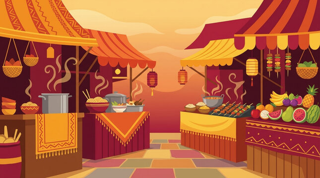 Vibrant Outdoor Food Market Stalls with Delicious Offerings.