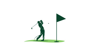 Golfer silhouette hitting ball towards flag on green. © Rasel475