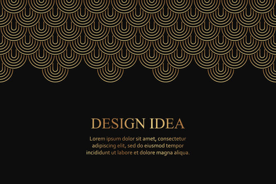 Modern geometric luxury black background for business or greeting card with golden arches in art deco style.
