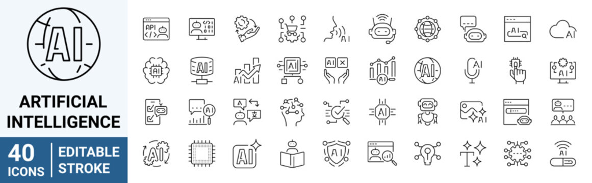 Set of 40 outline icons related to artificial intelligence. Linear icon collection. Editable stroke. Vector illustration