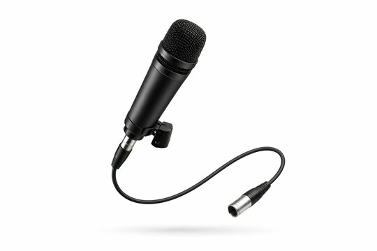 Professional black vocal microphone with XLR cable isolated on white. Clean and modern studio equipment. Ideal for music production, podcasting, and broadcasting marketing materials.