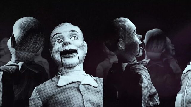 A group of faceless mannequins spinning on an endless loop in a stop motion style.
