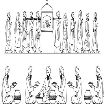 Traditional Sikh religious procession and langar community kitchen vector, Indian cultural ceremony line art, Sikhism spiritual ritual illustration