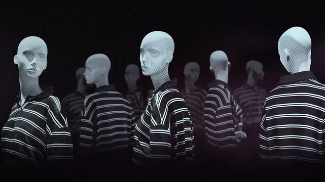 A group of faceless mannequins spinning on an endless loop in a stop motion style.
