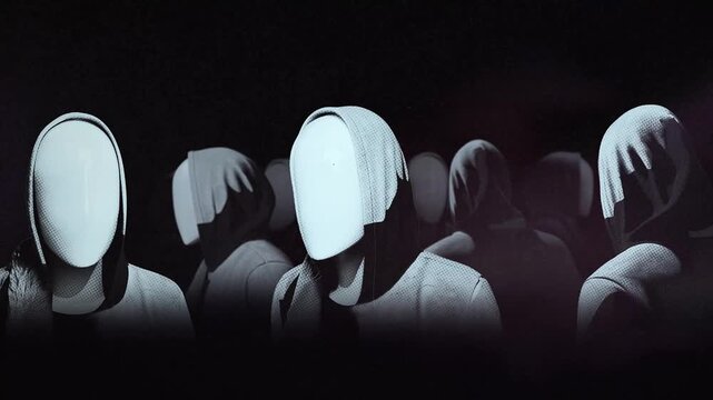 A group of faceless mannequins spinning on an endless loop in a stop motion style.
