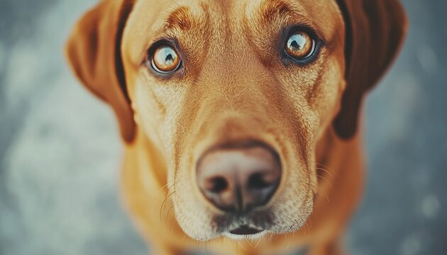 Charming Labrador Retriever Looking Upwards with Soulful Eyes in a Warm Toned Close-Up Photograph