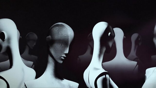 A group of faceless mannequins spinning on an endless loop in a stop motion style.
