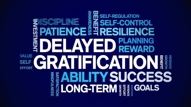 Delayed Gratification animated word cloud-text design animation tag kinetic typography seamless loop.