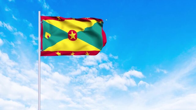 Flag of Grenada Waving in the wind, blue sky with clouds Background, Slow Motion, Realistic Animation, 4K