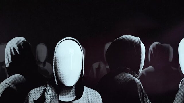 A group of faceless mannequins spinning on an endless loop in a stop motion style.
