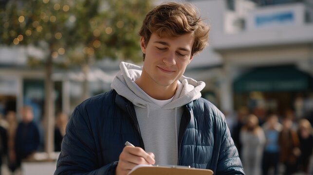 Young founder conducting guerrilla customer discovery interviews in harsh midday sun shopping district, clipboard in hand asking strangers about daily routine problems for health tech startup