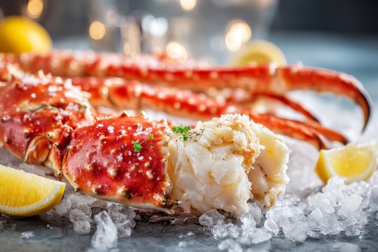 Close-up of a giant king crab leg cracked open on ice with fresh lemon slices and seasoning