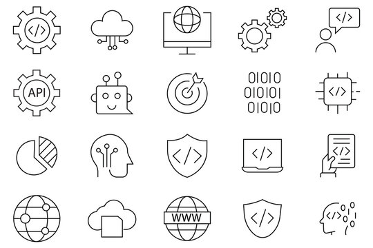Programming coding icons. Software development icons for web and mobile app. Code, programmer, developer, information technology, coder and more. Programmer and developer symbol vector illustration.