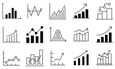 Fototapeta premium Graph line icons. Business graphs and charts icons. Statistics and analytics vector icon. Statistic and data, charts diagrams, money, down or up arrow. Vector illustration