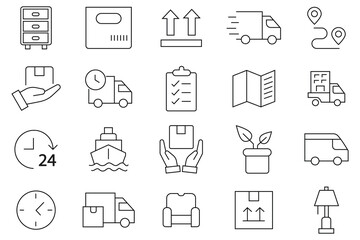 Fototapeta premium Moving Service icons set. Includes moving truck, boxes, dolly, delivery van, packing, loaders, house , checklist, calendar, truck driver, and storage unit. vector illustration.