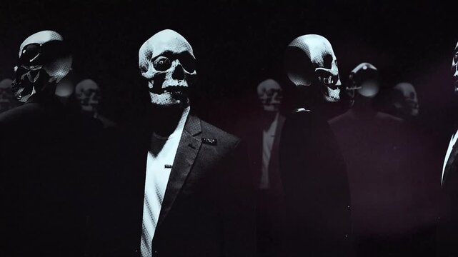 A group of faceless mannequins spinning on an endless loop in a stop motion style.
