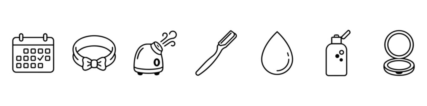 Beauty and skincare routine line icon set for cosmetics and personal care