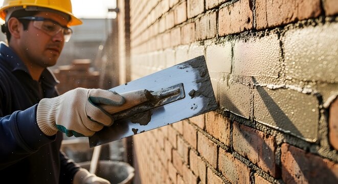 Construction worker applying mortar on brick wall with trowel wearing safety helmet and gloves