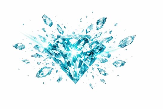 A large faceted blue diamond exploding into numerous sharp shards. High energy, sparkling light, and dynamic motion. Ideal for luxury branding, jewelry concepts, or power themes.