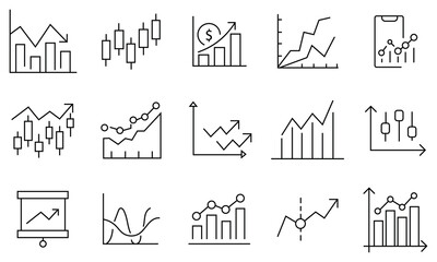Obraz premium Stock market icon set. Containing stocks, stock exchange, financial goal, shares, investment, candlestick chart, upward arrow, downward arrow, trading screen, bull market, bear market, and more. 