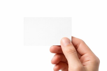 Obraz premium Hand holds a clean white business card against a plain background. Professional and minimalist design concept. Ideal for showing contact info, logos, or advertising messages.