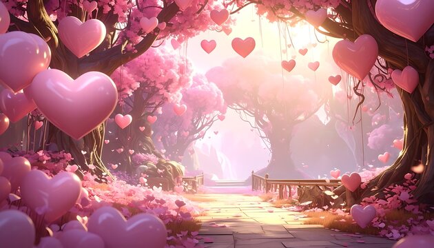 Dreamy pink heart balloons float in a sunlit fantasy forest with blossoms and a stone path